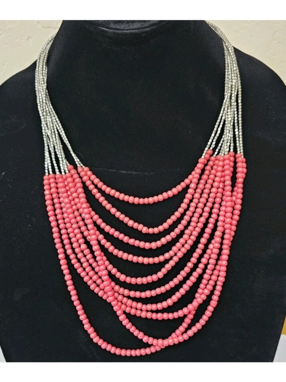 Statement Multi Strand Red Beaded Necklace Silver Tone Boho Layered Bib Jewelry